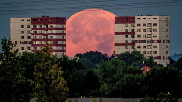 Полная луна садится за жилые дома на окраине Франкфурта, Германия  - Sputnik Кыргызстан