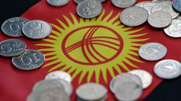 Сомовые монеты разных номиналов на флаге Кыргызстана. Иллюстративное фото - Sputnik Кыргызстан