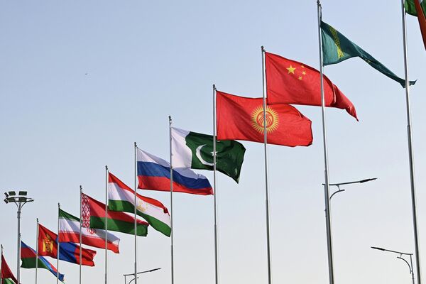 На флагштоках аэропорта вывешены государственные флаги стран, участвующих в саммите ШОС, расстелена ковровая дорожка, построен почетный караул - Sputnik Кыргызстан