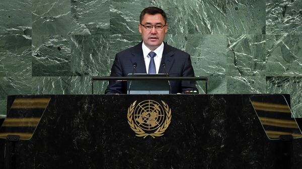 Президент Кыргызстана Садыр Жапаров во время выступления на 77-й сессии Генеральной Ассамблеи ООН в Нью-Йорке. 20 сентября 2022 года - Sputnik Кыргызстан