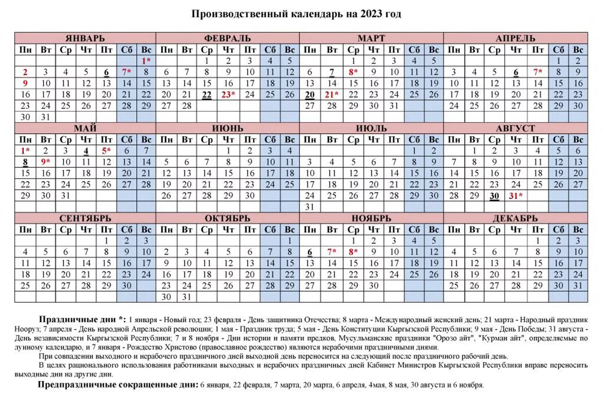 Производственный календарь на 2023 год - Sputnik Кыргызстан, 1920, 31.10.2022