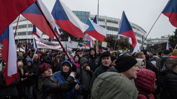 Протестующие с национальными флагами во время демонстрации против чешского правительства в Праге - Sputnik Кыргызстан