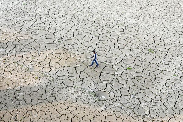 Мужчина идет по высохшему руслу реки Ганг в Индии - Sputnik Кыргызстан