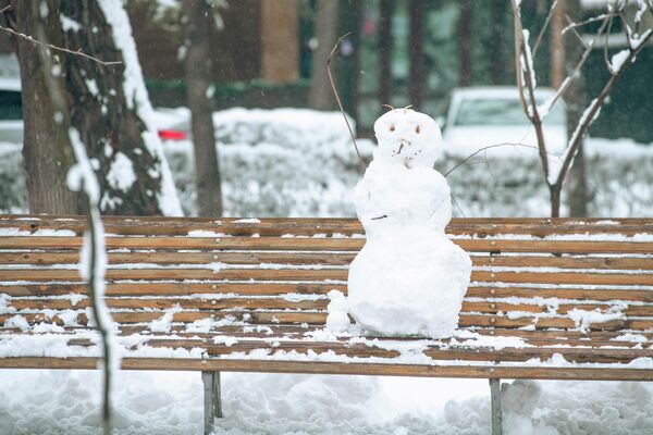 Вот одно из творений бишкекчан — снежный человек сидит на скамейке - Sputnik Кыргызстан