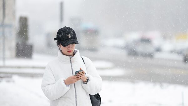 Девушка со смартфоном идет по улице во время снегопада в Бишкеке. Архивное фото  - Sputnik Кыргызстан