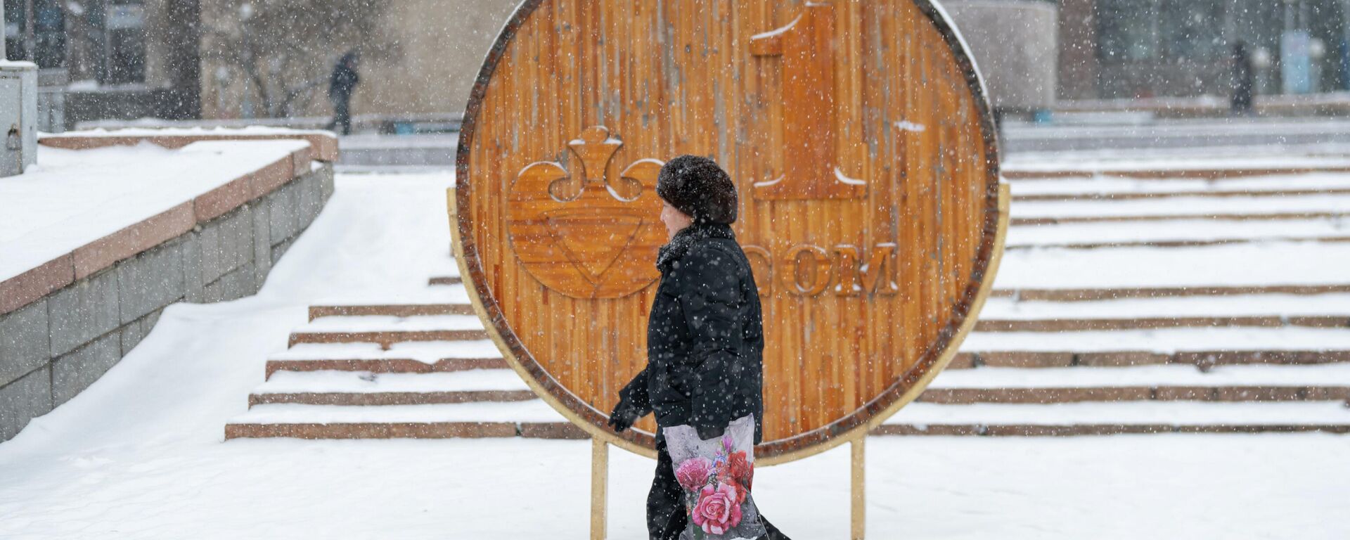 Женщина проходит возле деревянной инсталляции 1 сому во время снегопада в Бишкеке. Архивное фото - Sputnik Кыргызстан, 1920, 16.01.2023