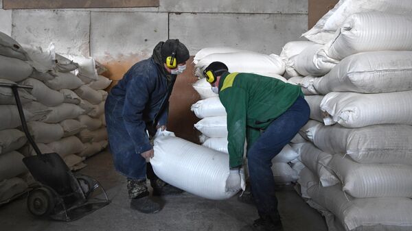 Рабочие укладывают мешки с мукой на складе. Архивное фото - Sputnik Кыргызстан