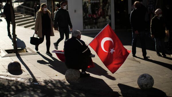 Мужчина с турецкими флагами в одном из районов Стамбула. Архивное фото - Sputnik Кыргызстан