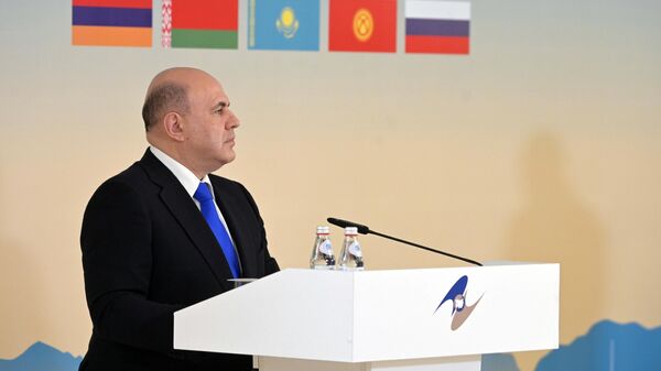 Председатель правительства РФ Михаил Мишустин во время заявления для прессы по итогам заседания Евразийского межправительственного совета в расширенном составе - Sputnik Кыргызстан