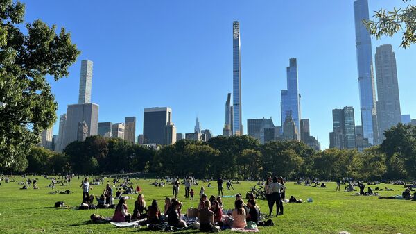 Люди наслаждаются солнцем на траве Центрального парка в Нью-Йорке. Архивное фото - Sputnik Кыргызстан