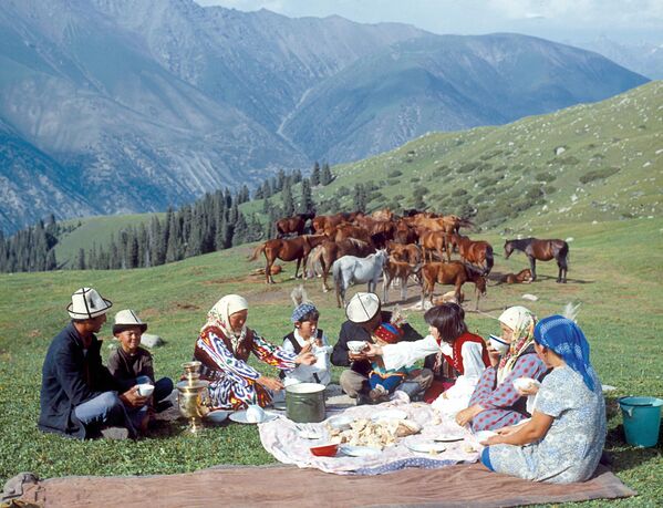Жылкычы Асеин Мамбетов үй-бүлөсү менен жайлоодо кымыз ичип отурат. 1978-жыл - Sputnik Кыргызстан