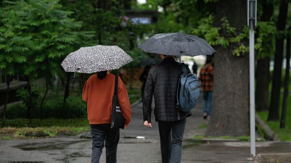 Люди с  зонтами переходят дорогу во время дождя в Бишкеке. Архивное фото - Sputnik Кыргызстан