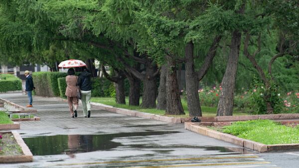 Женщины укрываются под зонтом во время дождя в Бишкеке. Архивное фото - Sputnik Кыргызстан