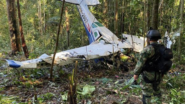 Солдат стоит перед обломками самолета Cessna C206 в джунглях Колумбии - Sputnik Кыргызстан