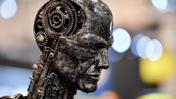 Металлическая голова, сделанная из деталей двигателя, символизирует ИИ. Иллюстративное фото - Sputnik Кыргызстан