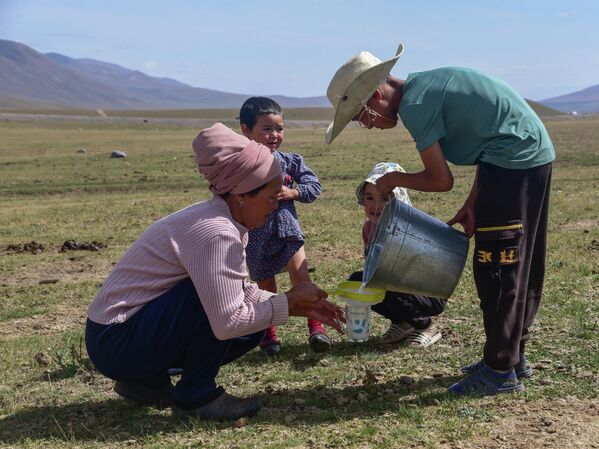 Кобылье молоко используется в кумысолечении. На фото: женщина процеживает свежее молоко.  - Sputnik Кыргызстан
