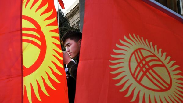 Молодой человек на фоне флагов Кыргызстана. Архивное фото - Sputnik Кыргызстан