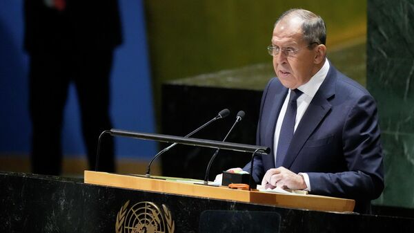 Министр иностранных дел России Сергей Лавров выступает на 78-й сессии Генеральной Ассамблеи ООН в штаб-квартире ООН. 23 сентября 2023 года - Sputnik Кыргызстан