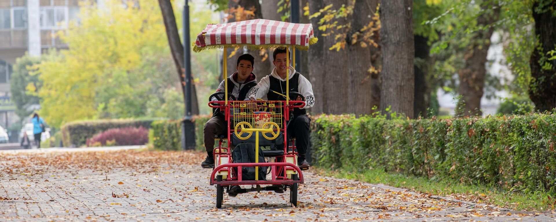 Парни катаются на четырехколесном велосипеде в парке Чингиза Айтматова в Бишкеке - Sputnik Кыргызстан, 1920, 30.10.2023
