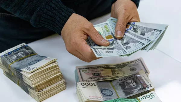 Мужчина пересчитывает долларовые и сомовые купюры. Иллюстративное фото - Sputnik Кыргызстан