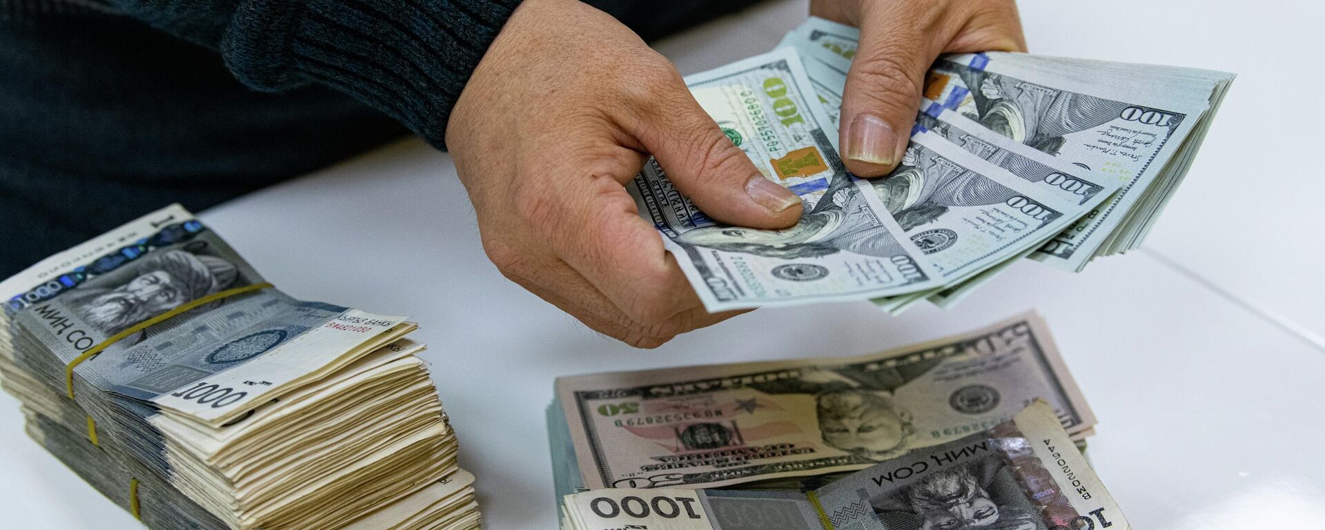 Мужчина с пачками сомовых купюр и долларами США. Архивное фото - Sputnik Кыргызстан, 1920, 25.11.2025
