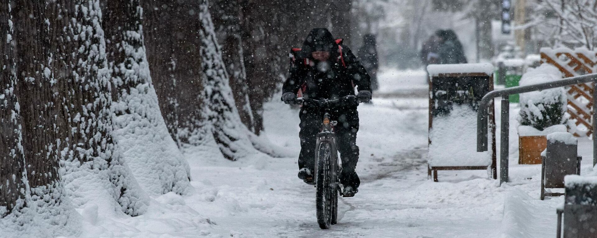Мужчина едет на велосипеде во время снегопада в Бишкеке. Архивное фото  - Sputnik Кыргызстан, 1920, 24.01.2024