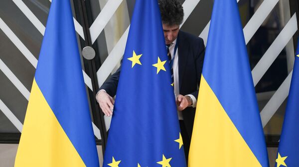 Член протокола с государственными флагами Украины и флагом Евросоюза. Архивное фото - Sputnik Кыргызстан