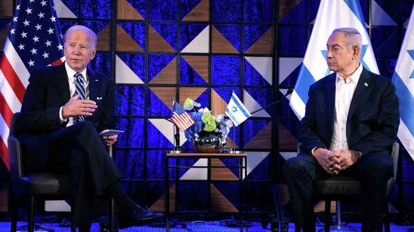 Президент США Джо Байден выступает на встрече с премьер-министром Израиля Биньямином Нетаньяху. Архивное фото - Sputnik Кыргызстан