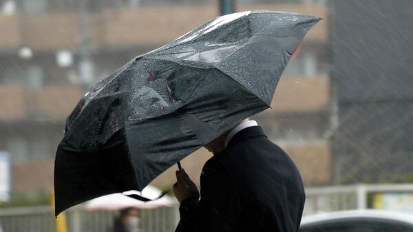 Человек держит зонт от сильного ветра и дождя. Архивное фото - Sputnik Кыргызстан