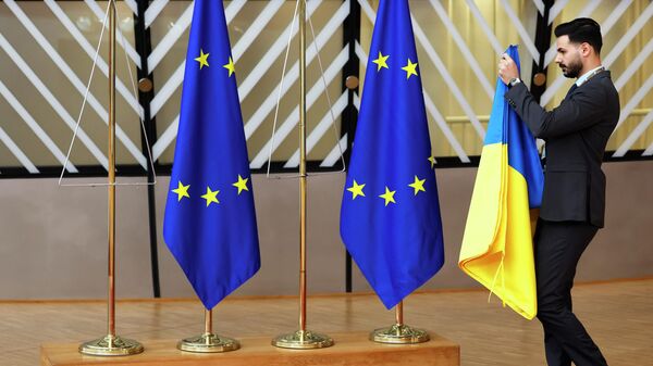 Член протокола устанавливает флаги ЕС и Украины. Архивное фото - Sputnik Кыргызстан