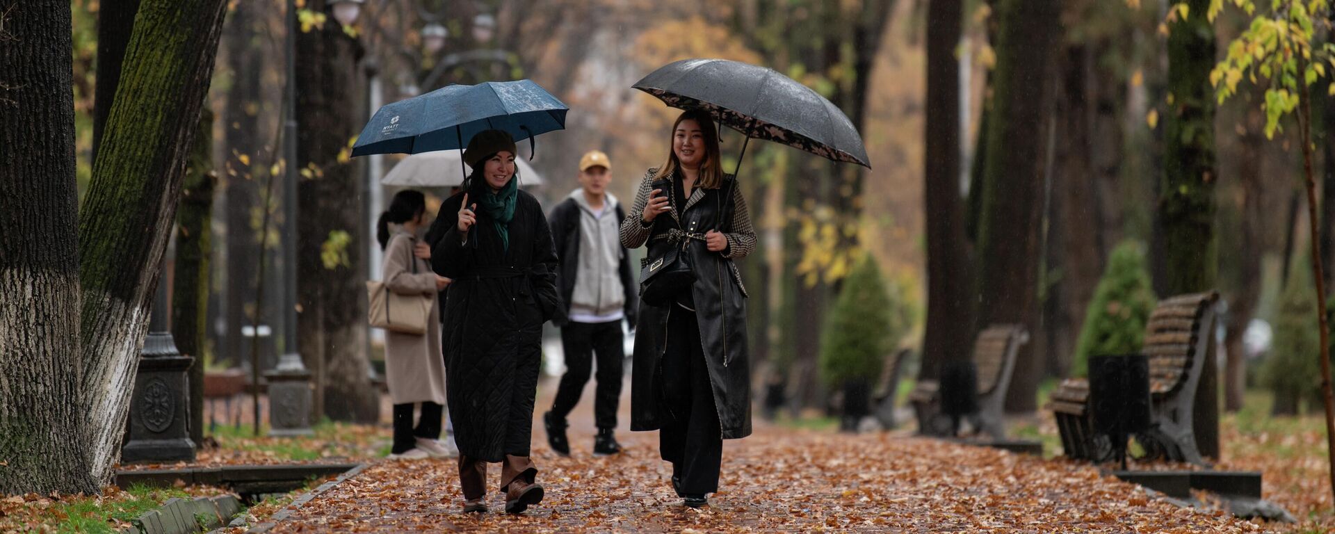 Девушки с зонтами идут по бульвару Эркиндик в Бишкеке во время дождя.  Архивное фото  - Sputnik Кыргызстан, 1920, 16.10.2024