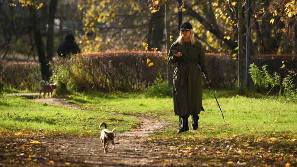 Девушка гуляет с собакой в парке - Sputnik Кыргызстан