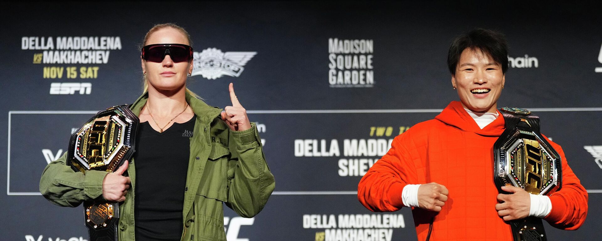 Валентина Шевченко жана Чжан Вэйли Нью-Йоркто өткөн UFC 322 маалымат жыйынында. - Sputnik Кыргызстан, 1920, 15.11.2025