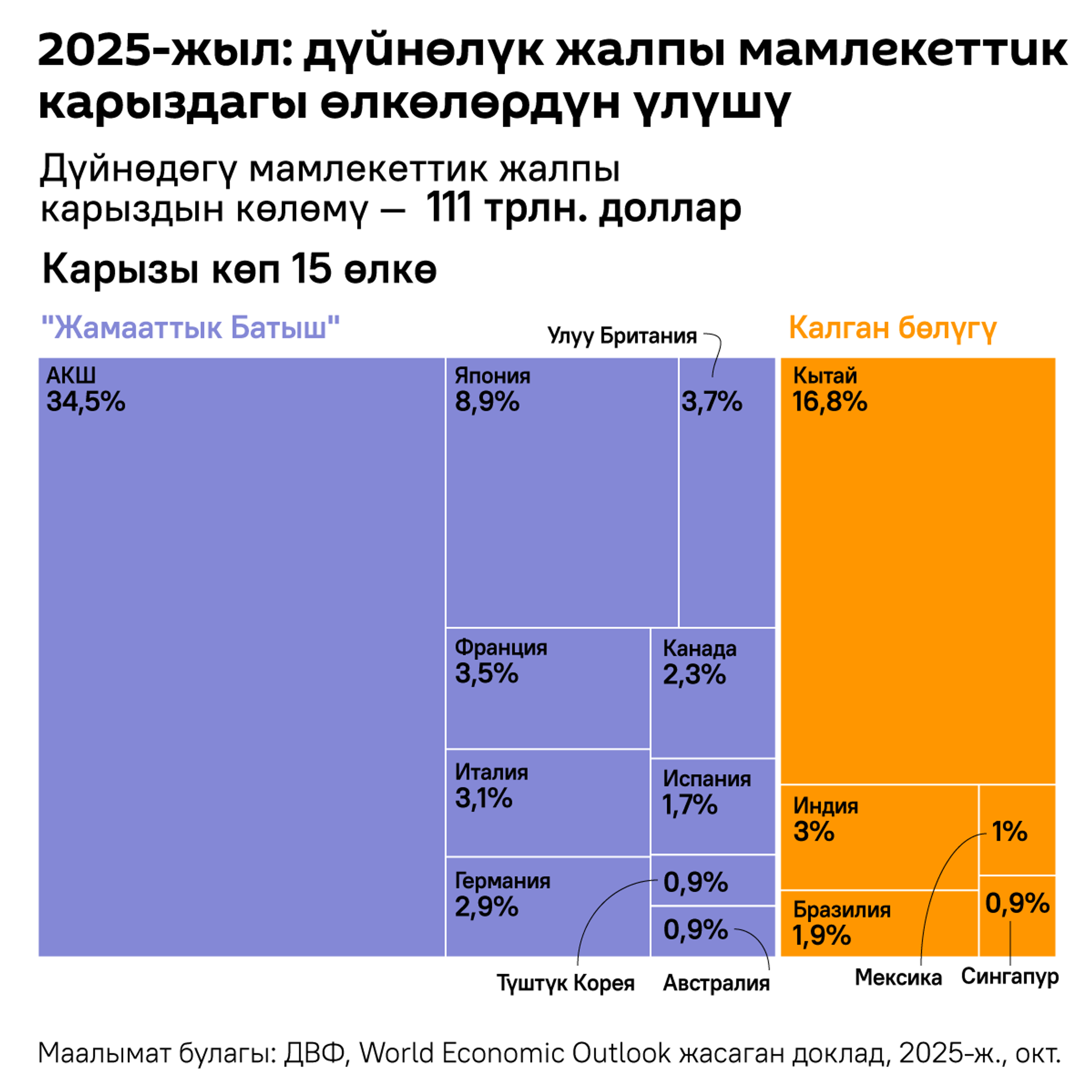 2025-жыл: дүйнөлүк жалпы мамлекеттик карыздагы өлкөлөрдүн үлүшү - Sputnik Кыргызстан, 1920, 18.11.2025