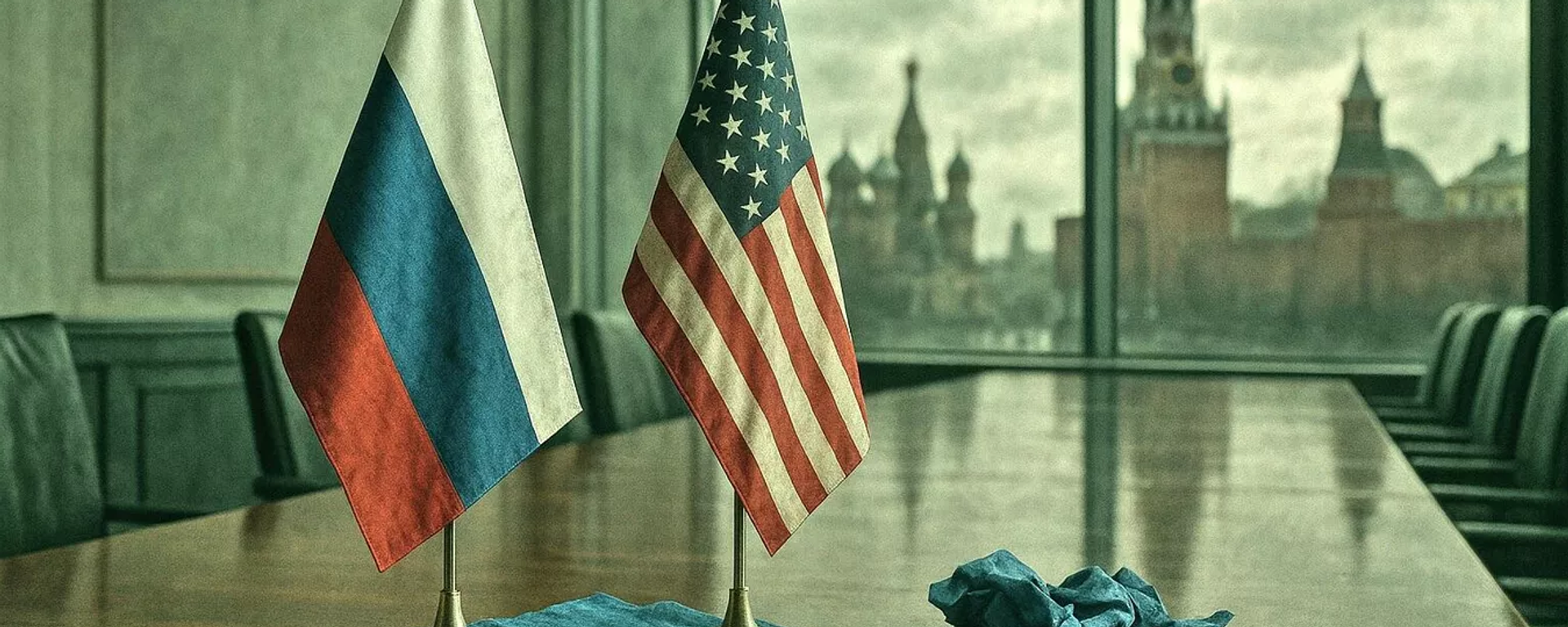 Кремльдин фонунда Украинанын желегинин үстүндө турган Россия менен АКШнын желектери. Иллюстративдик сүрөт - Sputnik Кыргызстан, 1920, 03.12.2025