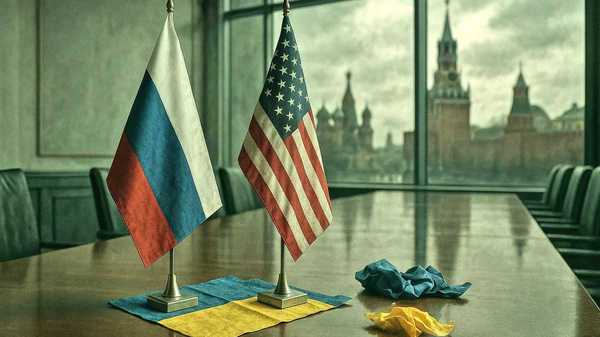 Кремльдин фонунда Украинанын желегинин үстүндө турган Россия менен АКШнын желектери. Иллюстративдик сүрөт - Sputnik Кыргызстан