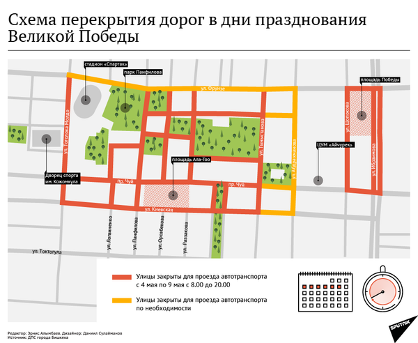 Схема перекрытия дорог в дни празднования Великой Победы - Sputnik Кыргызстан