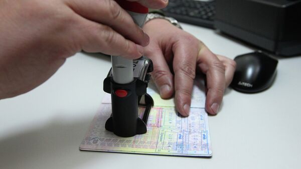 Сотрудник пограничной службы ставит в паспорт штамп о пересечении границы. Архивное фото - Sputnik Кыргызстан
