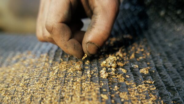 Золотой песок на специальном коврике промывочного шлюза. Архивное фото - Sputnik Кыргызстан