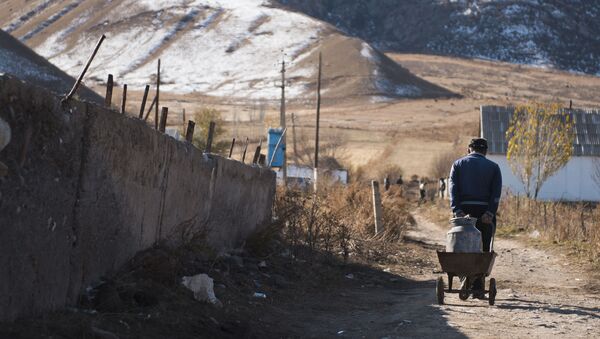 Мужчина тянет бочок с питьевой водой. Архивное фото - Sputnik Кыргызстан