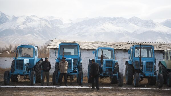 Местные жители в Нарыне на фоне тракторов. Архивное фото - Sputnik Кыргызстан