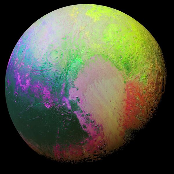 Агентство NASA показало новое, психоделическое фото Плутона, на котором карликовая планета предстает во всем разнообразии цветовой гаммы. При обработке снимка использовался метод под названием анализ главных компонентов. С помощью искусственной расцветки ученые выделили различия между регионами Плутона. Фото были получены 14 июля 2015 года с расстояния примерно 35 тысяч километров от Плутона. - Sputnik Кыргызстан