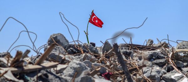 Флаг турецкой республики на развалинах снесенных при реконструкции площади Таксим строений. Архивное фото - Sputnik Кыргызстан