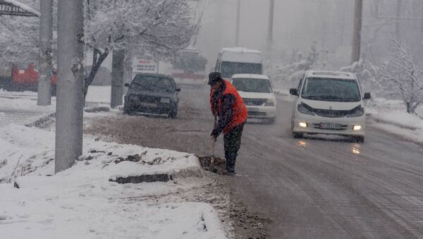 Сотрудник муниципальной службы во время уборки снега в Бишкеке. Архивное фото - Sputnik Кыргызстан