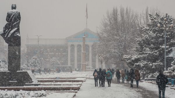 Молодые люди идут по Аллее молодежи возле памятника Шабдан баатыру во время снегопада в Бишкеке. Архивное фото  - Sputnik Кыргызстан