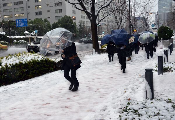 Жители Токио идут по тротуару после сильного снегопада. - Sputnik Кыргызстан