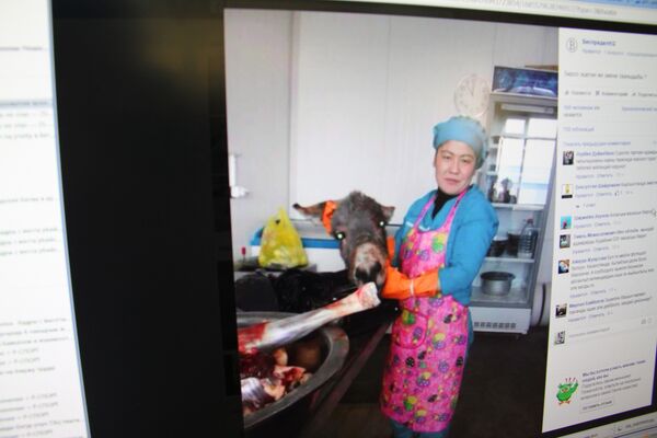 Обсуждаемое в социальной сети фотография кухни столовой, где женщина держит голову зарезанного осла. - Sputnik Кыргызстан