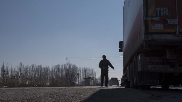 Водитель большегрузной фуры у автодороги на границе Кыргызстана с Казахстаном. Архивное фото - Sputnik Кыргызстан