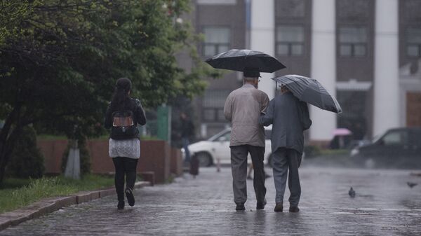 Прохожие с зонтом во время дождя. Архивное фото - Sputnik Кыргызстан