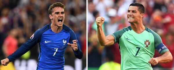 Нападающий сборной Франции Антуан Гризманн и игрок сборной Португалии Криштиану Роналду Нападающий сборной Франции Антуан Гризманн и игрок сборной Португалии Криштиану Роналду - Sputnik Кыргызстан
